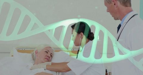 Doctor Checking Patient with DNA Overlay Symbolizing Advanced Healthcare