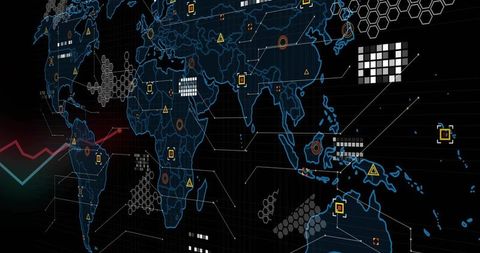 Displaying Global Cyber Network Dashboard with Neon Data Nodes and Analytical Overlays