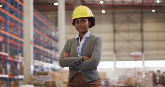 Confident female engineer wearing a safety helmet standing in a modern warehouse with arms crossed. Ideal for use in business magazines, engineering websites, industrial safety training materials, and promotional materials for logistics companies.