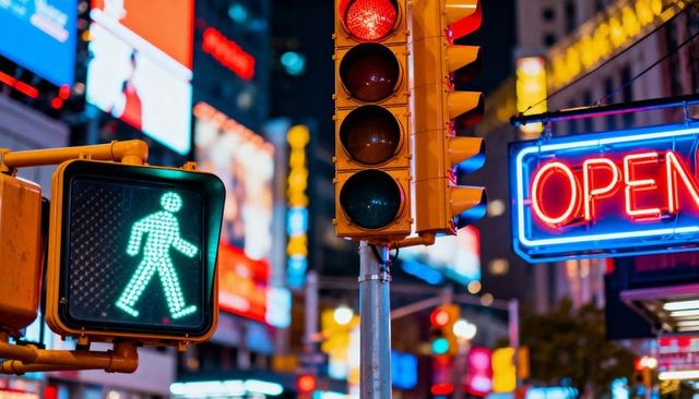 Neon night crosswalk with green walk signal and red traffic light on busy urban street