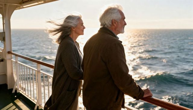 Silver-haired couple gazing at ocean from cruise deck during golden hour sunset seascape