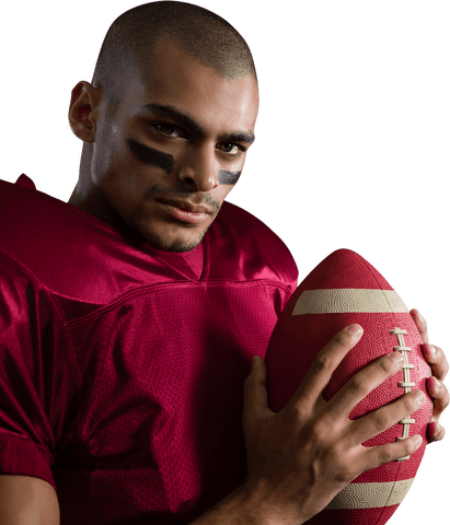 Confident Athlete in Red Jersey Holding Football on Transparent Background