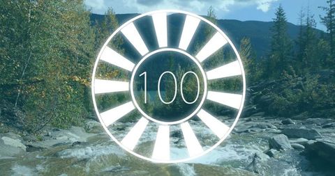 Circular progress graphic in serene forest creek setting