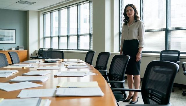 Executive woman standing in modern boardroom reviewing documents on long conference table