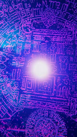 Pulsing Neon Orb Emitting Cosmic Glyphs and Star Particles in Futuristic Vertical Loop