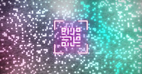 Futuristic neon qr code on dynamic mosaic background