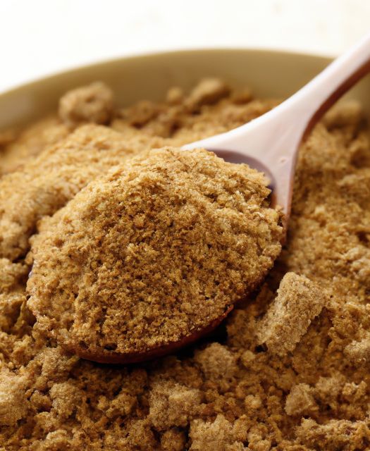 This high-resolution image features a close-up of finely ground brown sugar in a bowl, with a spoon displaying a small amount of the sugar. Ideal for use in culinary blogs, recipe websites, and gastronomy publications to illustrate articles or recipes involving baking, sweeteners, or desserts. The rich brown tone adds an attractive, appetizing touch suitable for promoting natural and organic product lines as well as healthy food ingredients.