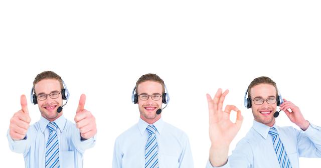 Cheerful Customer Support Representative in Headset Assisting and Gesturing - Download Free Stock Photos Pikwizard.com