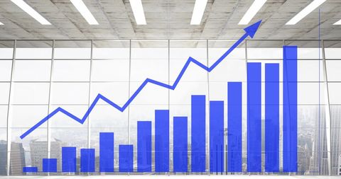Blue Financial Growth Chart Superimposed on Cityscape