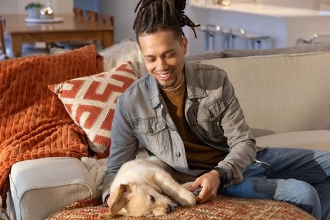 Man petting puppy on cozy sofa, smiling and relaxing at home