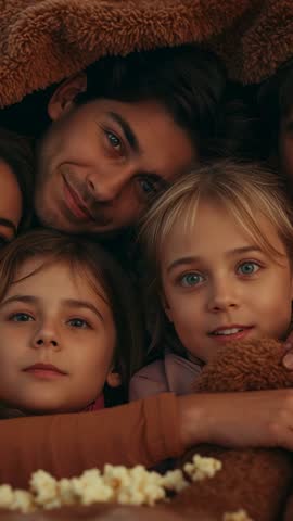 Dad and Kids Snuggling Under Blanket Watching Movie Together Vertical Family Night