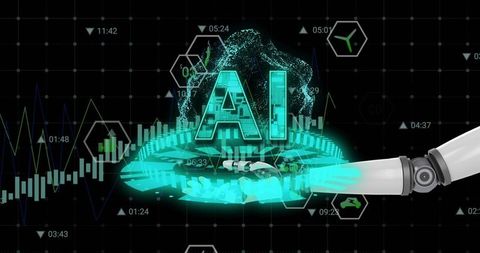 Futuristic ai hologram rising from neon data platform with robotic arm and analytics