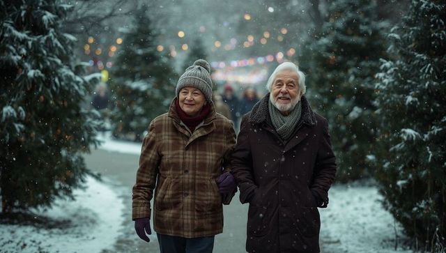 Senior Couple Strolling in Winter Wonderland with Festive Atmosphere