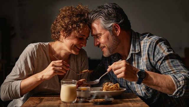 Smiling middle-aged couple sharing pastry and milk at cozy wooden table, romantic intimacy