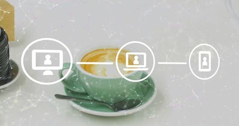 Green Coffee Cup with Digital Connectivity Icons Concept