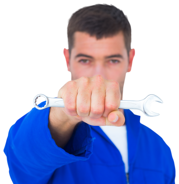 Confident Male Mechanic Holding Spanner on Transparent Background - Download Free Stock Videos Pikwizard.com