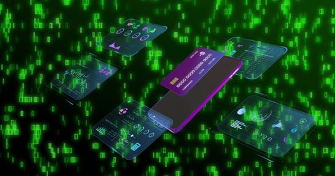 Floating purple smartphone glowing in neon cyberspace, displaying contactless card and holographic u