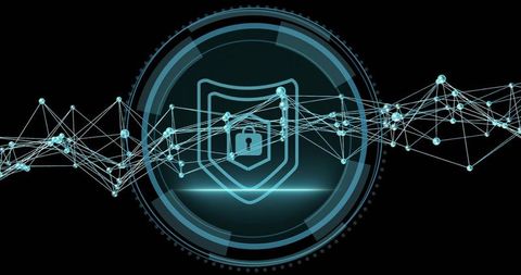 Futuristic Cybersecurity Interface with Network Nodes and Shield Icon