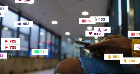 Woman tapping smartphone tracking social media engagement with animated notifications