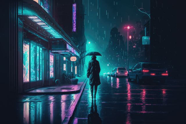 Solitary figure holding umbrella walking on neon-lit city street at night in the rain. Neon signs reflecting off wet pavement create moody, futuristic atmosphere. Ideal for use in publications on urban life, futuristic cities, or atmospheric settings.