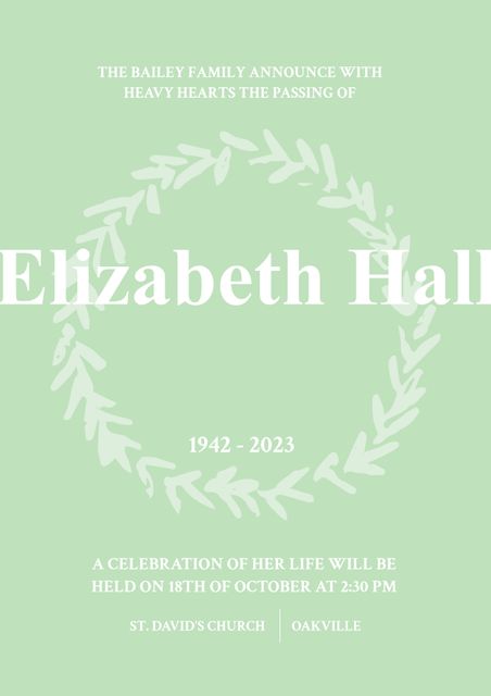 Elegant wreath template perfect for announcing memorial events, funerals, and celebrations of life. The classic design features a green background with a wreath motif and elegant typography, creating a solemn and respectful tone. Ideal for use by families and event organizers to inform guests about the occasion and provide event details.