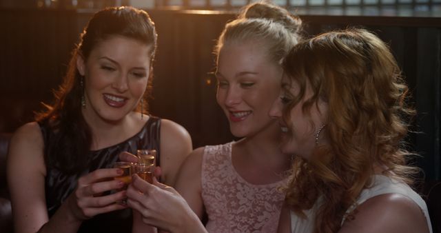 Three female friends toasting shot glasses of tequila in bar 4k