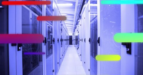 Colorful Data Center Illuminated with Gradient Trails and Rainbow Flares