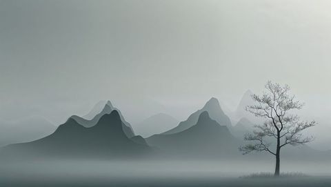 Minimalist Tree and Misty Mountains in Monochrome Tranquility