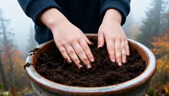Child smoothing potting soil in planter on foggy hillside railing for hands-on autumn gardening