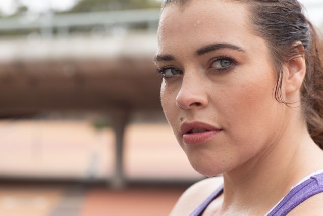 Close-up of a confident curvy Caucasian woman wearing sports clothes, exercising outdoors in a city. She is turning her head and looking at the camera with determination. Ideal for use in fitness, health, and lifestyle promotions, as well as empowerment and body positivity campaigns.