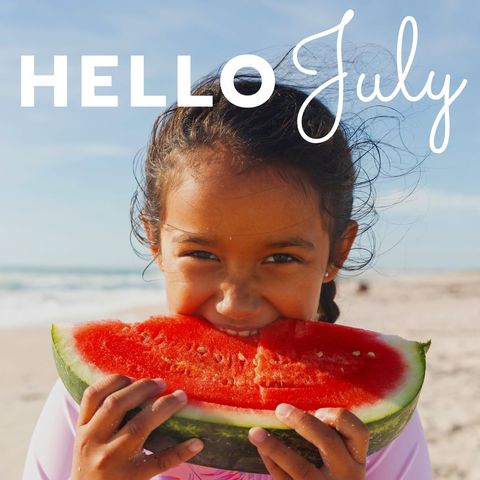 Child Enjoying Watermelon Beach Day in July
