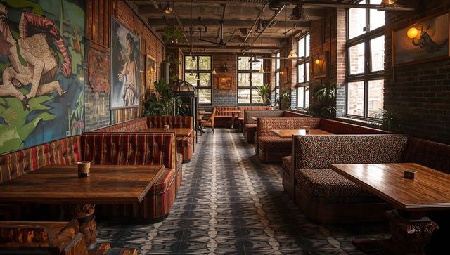 Rustic industrial restaurant interior with wooden booths, patterned tile floor and murals