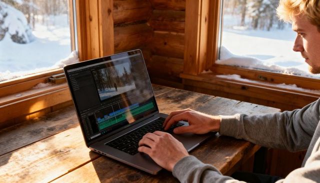 Editing video remotely in rustic snowy cabin with laptop and warm natural light, cozy workspace