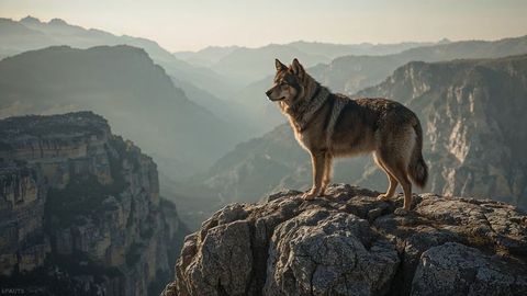 Majestic Wolf Standing on Rocky Cliff Overlooking Vast Canyon