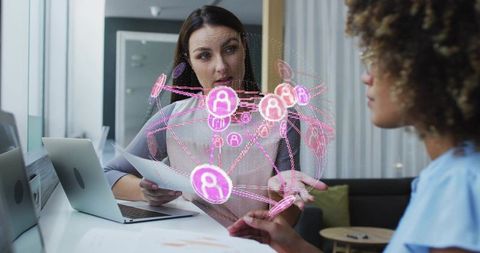 Professionals collaborating over augmented reality social network hologram during meeting