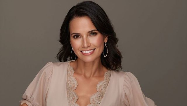 Elegant woman smiling in light pink lace trim blouse