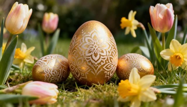 Golden eggs featuring white mandala patterns among spring tulips and daffodils on moss