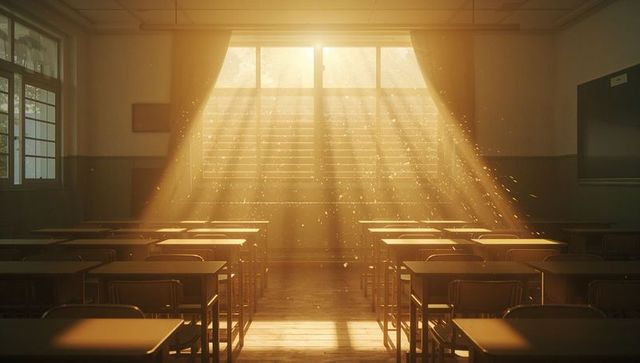 Golden Sunlight Illuminating Empty Classroom Interior