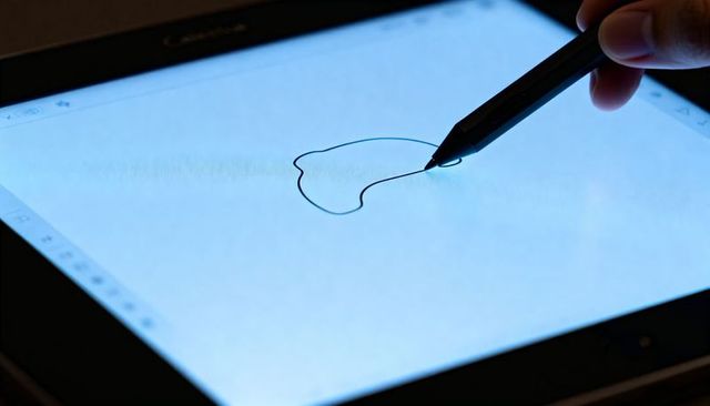 Stylus drawing glowing thin heart outline on backlit tablet screen closeup digital art