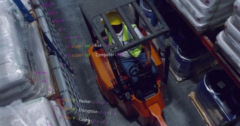 Operating forklift navigating warehouse aisle wearing helmet and hi-vis vest, code overlay