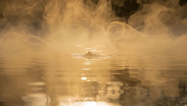 Golden mist shimmering over water with central ripple and sun glints