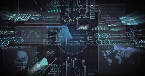 Futuristic holographic financial dashboard rotating pie and neon cyan data visualizations