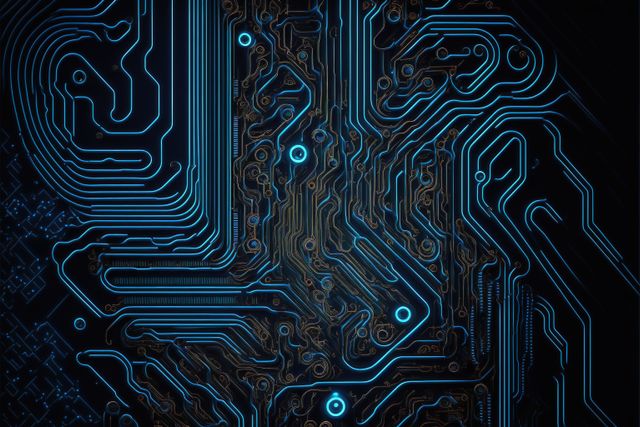 Image of computer circuit board and blue light trails on dark background. Computing and data processing concept created using generative ai technology.