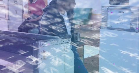 Overlay of financial data on man at gas station illustrating fuel business