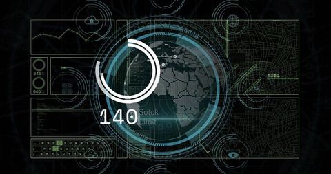 Dotted Globe Rotating Within Futuristic HUD Interface Showing 140 Data Analytics Readout