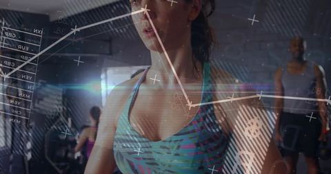 Woman working out on cardio machine with augmented hud fitness data overlay in gym