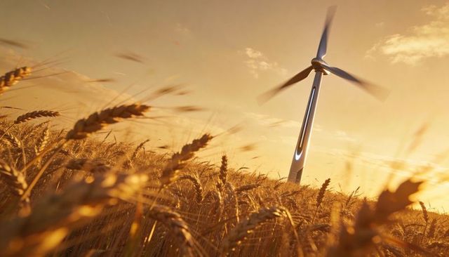 Wind turbine rising above golden wheat field at sunset, blades spinning in breeze