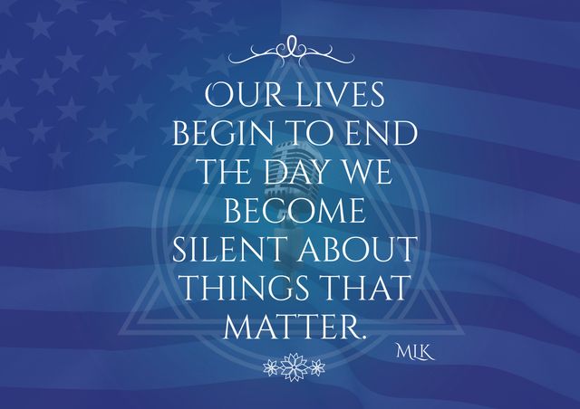 Inspirational quote superimposed over an American flag background. Ideal for social media posts, blog articles about patriotism or activism, and motivational posters or educational materials promoting social awareness. Great for any content that encourages speaking up and taking action for important causes.