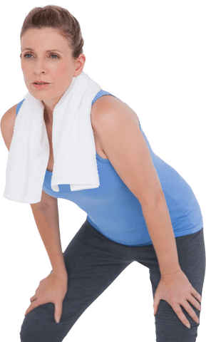 Fit Woman in Sportswear with Towel Resting at Transparent Studio
