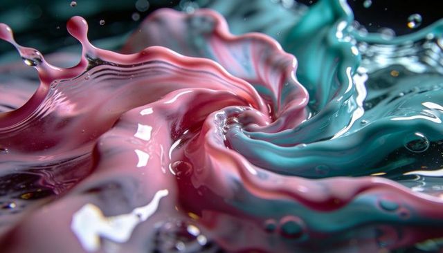 Swirling pastel pink and teal liquid vortex with glossy highlights and bubbles